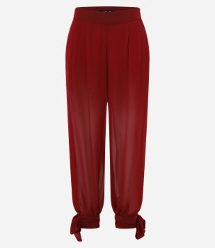Calça Boho Cenoura em Crepe com Amarração na Barra Vermelho