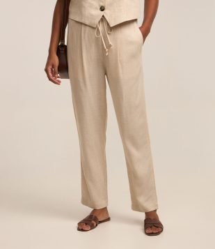 Calça Fluída em Viscolinho com Cós Elástico e Amarração Bege Crú