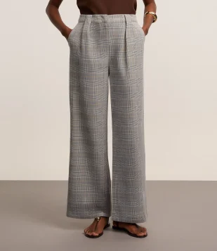 Calça Reta Alfaiatada com Estampa Xadrez Príncipe de Gales Cinza