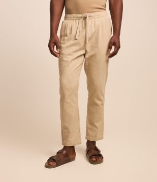 Calça em Algodão com Textura e Amarração na Cintura Bege