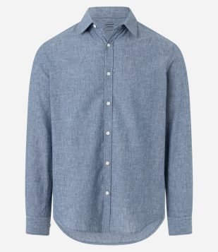 Camisa Regular Básica em Linho com Gola Colarinho Azul Acinzentado