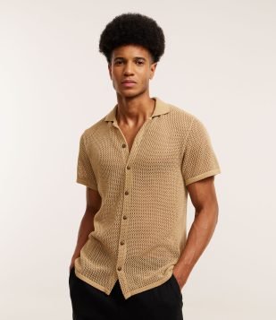 Camisa Regular Texturizado com Textura Efeito Crochê Amarelo