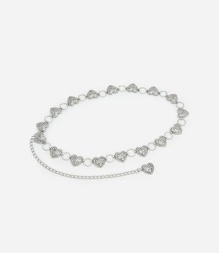 Cinto Médio em Corrente de Metal com Corações Trabalhados Prata