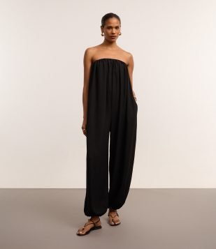 Macacão Aladim Alfaiataria Tomara Que Caia com Bolsos Preto