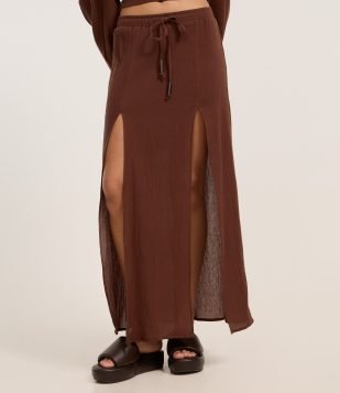Saia Longa em Algodão com Fendas e Amarração no Cós Marrom