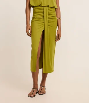 Saia Longa em Poliamida com Recorte Sobreposto e Franzidos Verde