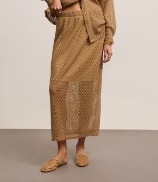 Saia Reta Midi com Efeito Crochê e Forro Caramelo