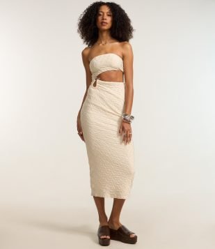 Vestido New Midi com Cut Out e Aviamento na Cintura Bege
