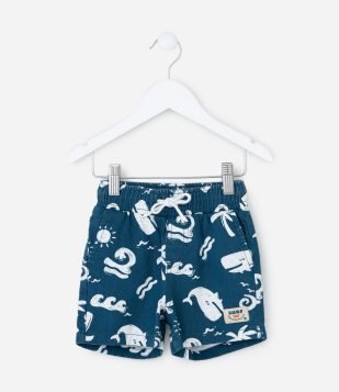 Bermuda Infantil em Sarja com Estampa de Fundo do Mar - Tam 1 a 6 Anos Azul