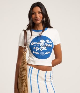 Blusa Baby look em Algodão com Gola Contrastante e Estampa Fundo do Mar Branco