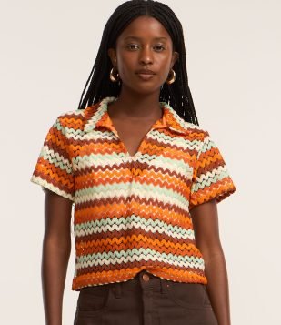 Blusa Boxy com Gola Polo em Tricô Laranja/Verde/Branco