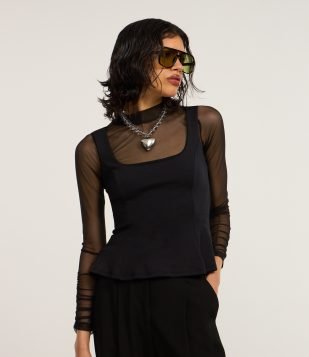 Blusa Peplum em Ponto Roma com Decote Quadrado Preto