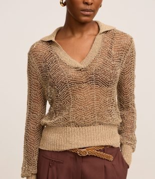 Blusa em Tricô com Gola Polo e Ponto Vazado Marrom