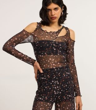Blusa em Tule Floral com Cut Out e Borda Frufu Preto