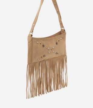 Bolsa Baguete Pequena em Suede com Spikes e Franjas Boho Romântica Bege