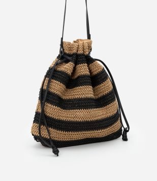 Bolsa de Praia Saco em Palha de Papel Listrada Bege/Preto