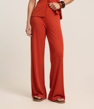Calça Pantalona em Ribana com Textura Canelada e Cós Elástico Laranja