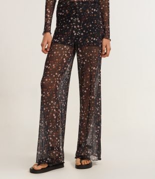 Calça Reta em Tule com Estampa Floral Preto