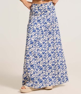 Saia Longa em Viscolinho com Estampa Abstrata Bege-Azul