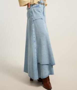 Saia Midi em Jeans Delave com Barra Irregular Azul