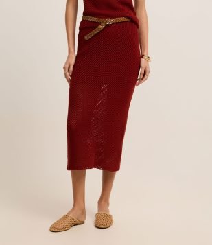 Saia Reta Longa em Tricô com Ponto Vazado Bordô