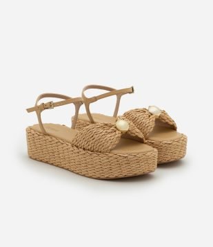 Sandália Flatform com Efeito Ráfia com Esfera Bege