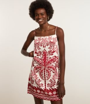 Vestido Curto em Viscose e Linho com Estampa Floral Off White-Vermelho