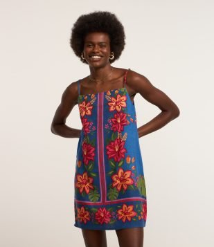 Vestido Evasê Curto em Viscose e Linho com Estampa Floral Azul