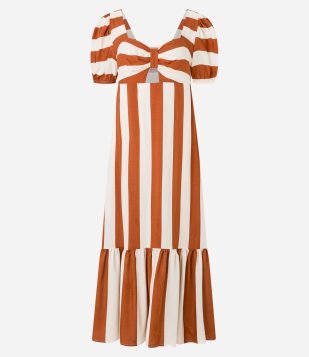 Vestido Longo em Viscose com Listras e Manga Bufante Bege