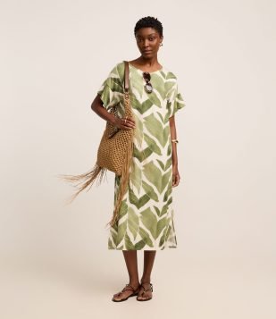 Vestido Reto Midi em Viscose com Estampa Folhagem Verde-Branco