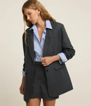 Blazer com Linho e Abotoamento Simples e Lapelas Cinza