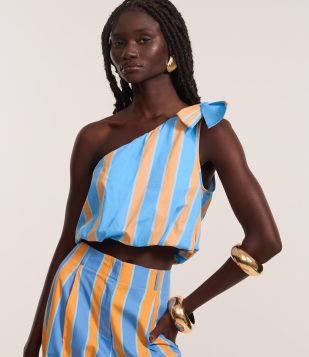 Blusa Cropped Listrada em Tricoline com Laço no Ombro Só Azul-Laranja