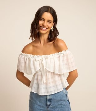 Blusa Peplum em Chiffon com Textura e Laço Frontal Branco