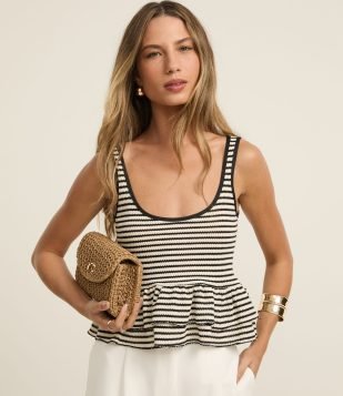 Blusa Peplum em Ribana Listrada Preto-Branco