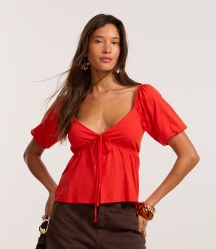 Blusa em Algodão com Mangas Bufantes e Amarração Frontal Laranja