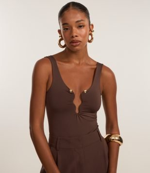 Body em Microfibra com Aviamento Forrado no Busto Marrom