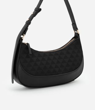 Bolsa Baguete Pequena com Textura Embossed e Estampa Triangular Preto