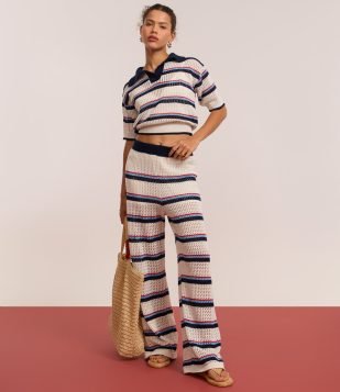 Calça Pantalona Cintura Alta em Tricô com Listras Variadas Off White