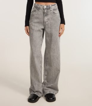 Calça Wide Leg em Jeans com Cintura Alta Cinza