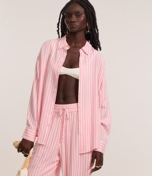 Camisa Alongada em Cambraia com Listras em Fio Tinto Rosa