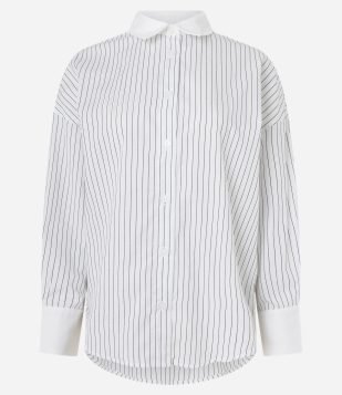 Camisa Oversized em Tricoline com Listras de Fio Tinto Branc