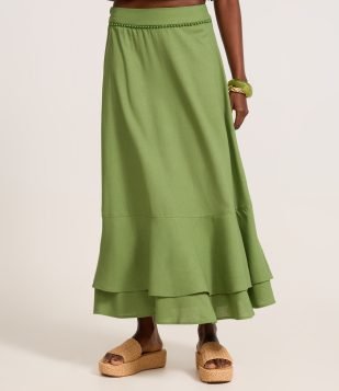 Saia Long Midi em Viscolinho com Miçangas no Cós e Babado Duplo Verde Claro