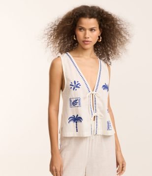 Saída de Praia Blusa em Voal Bordado de Palmeiras Off White