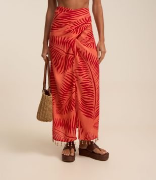 Saída de Praia Saia em Viscose com Multi Amarrações e Estampa Folhas Laranja/Vermelho