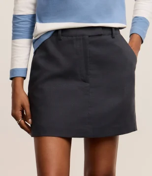 Short Saia Alfaiatado Cintura Alta em Viscolinho Azul