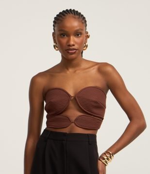 Top em Crepe Tomara que Caia com Busto Pespontado Arredondado Marrom