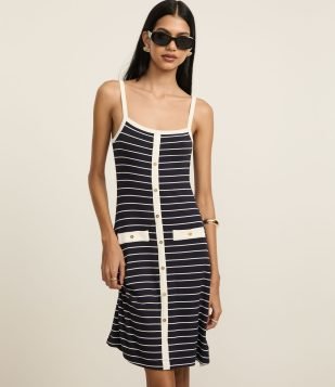 Vestido Curto em Ribana Listrada com Botões Azul