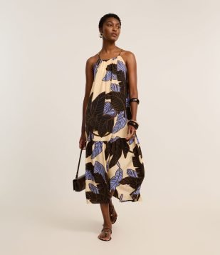 Vestido Evasê Frente Única em Viscose com Estampa Folhagem Bege