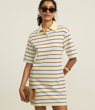 Vestido Listrado Curto em Algodão com Gola Polo Azul