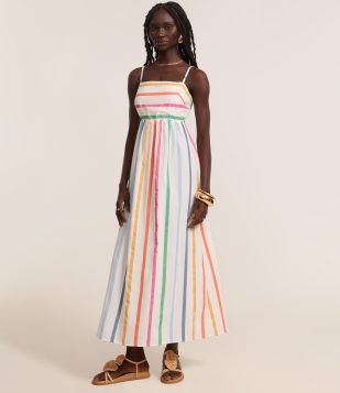 Vestido Long Midi em Tricoline Estampado de Listras Coloridas Branco